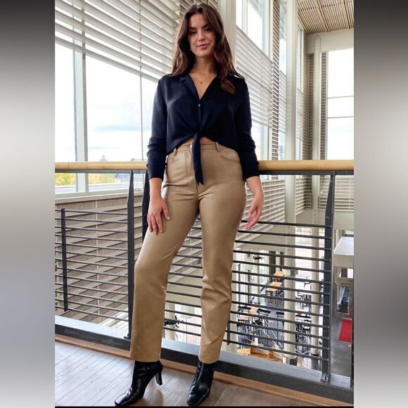 Aritzia Wilfred The Melina Faux Leather Tan Pants Straight Leg Size 4 - Picture 3 of 12